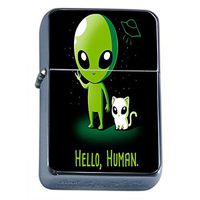 Alien Cat Human Flip Top Oil Lighter Em1 Smoking Cigarette Silver Case Included