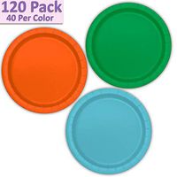 120 Paper Dessert Plates (7") - Emerald Green, Orange, Aqua - 40 Per Color, 3 Colors - Great Assortment for Birthday Parties, Weddings, Holidays, Baby Shower, Celebrations, and more