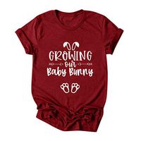 Eoeth Easter Growing Out Baby Bunny Top Blouse Women Plus Size Summer Letter Print O-Neck Short Sleeved T-Shirt Pullover Wine