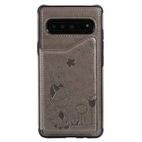 Cfrau Wallet Case with Black Stylus for Samsung Galaxy S10 5G,Stylish 3D Cat Bee Flower Print PU Leather Soft Bumper Reinforced Drop Resistant Shockproof Stand Card Holder Case,Gray
