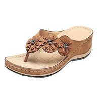 Veodhekai Women Sandals Flowers Flat Round Head Comfortable Casual Flip-Flops Shoes Wedding Beach Roman Sandals Brown