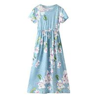 YESOT Girls Floral Long Dresses Cotton Blend Short Sleeve Dresses Clothes Children Beachwear Sundresses (1-2 Years, Blue)