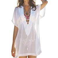 Gojendy Women's Bohu Solid Color One Piece Swimsuit Cover Up Mesh See Through Loosen V Neck Bathing Suit (S, White)