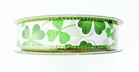 Jo-ann's St.Patrick's Day Ribbon,Shamrocks,Glitter,Green,White (5/8" x 9ft, Glitter Green Shamrock's with Stem on Semi-Sheer White)
