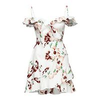 TWGONE Off The Shoulder Dress Floral Print Women Ladies Camisole Cascading Ruffle V-Neck Mini Dress(Medium,White)