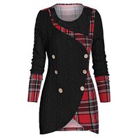 Coupondeal Plus Size Women O-Neck Long Sleeve Plaid Botton Pachwork Asymmetric Tops Sweater(Black,XXXL)