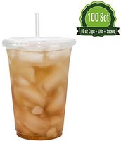 Safeware [100 Sets - 16 oz.] Disposable Clear Plastic to go Cups with Flat Lids and Straws | Ice Coffee | Bubble Tea | Smoothie | Cold Beverage | Milkshake | Travel.