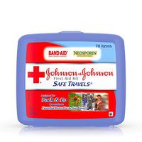 Johnson & Johnson Brand Safe Travels Portable First Aid Kit for Minor Wound Care with Assorted Adhesive Bandages, Ideal for Travel, Car & On-The-Go, 70 Pieces