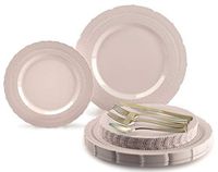 " OCCASIONS" 150pcs set (25 Guests)-Extra Heavyweight Vintage Wedding Disposable/Reusable Plastic Plates (25 x 11'' + 25 x 8.25'') + Silverware (Chateau Collection in Blush Pink)