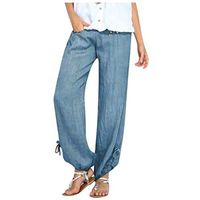 Meikosks Ladies Cotton and Linen Pants Buttons Solid Colors Trousers Plus Size Bottoms Wide Leg Pant Blue