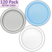 120 Paper Dessert Plates (7") - Light Blue, Silver, White - 40 Per Color, 3 Colors - Great Assortment for Birthday Parties, Weddings, Holidays, Baby Shower, Celebrations, and more