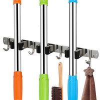 Broom Mop Holder Wall Mounted, Stainless Steel Broom Hanger with 3 Racks 4 Hooks, Heavy Duty Utility Tool Hanger Storage Organizer for Kitchen Bathroom Closet Garage Office Garden