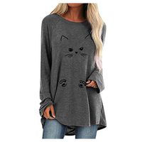 Sunhusing Ladies Cute Cartoon Kitten Printed Casual Round Neck Solid Color Long Sleeve Loose Sweatshirt Top(Gray,L)