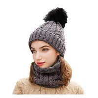 Theoylos Women's Knit Hat 2PCS Winter Warm Beanie Hat Ladies Stretch Pompom Crossed Cap + Scarf Two Piece Set Coffee