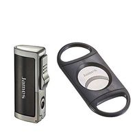 Visol Aleus Black Matte Triple Jet Cigar Lighter with Built-in Punch and Visol Rand Double Guillotine Cigar Cutter with Free Laser Engraving