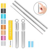 Foldable Metal Straws- Reusable Collapsible Straws - Stainless Steel Straws with Case Keychain Portable with Cleaning Brush Drinking Folding for Travel, Household, Office (2 Pack Silver)