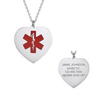 Custom Engraved Medical Alert Tag Heart Pendant Necklace White Gold 925 Sterling Silver Free Personalization (Silver)