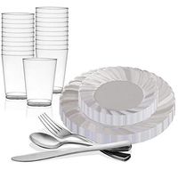 Elegant Disposable Plastic Dinnerware Set for 144 Guests - Fancy Flared Clear Dinner Plates, Dessert Salad Plates, Silver Cutlery Set & Cups For Christmas, Wedding, Birthday Party & All Occasions