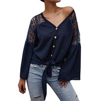 Alangbudu Women Lace Shoulder V Neck Knitted Blouse Long Sleeve Flare Cuffs Tops Tie Knot Shirt Casual Pullover Tunic Blue