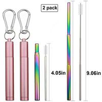 Gugrida Eco Friendly Metal Rainbow Collapsible Straw Telescopic 304 Stainless Steel Portable Reusable Drinking Straws with Aluminum Case & Cleaning Brush， Folding Straw Drinking （Pink,2 Pack）