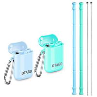OTAGO 2 Pack Collapsible Reusable Straws, Food-Grade Foldable Silicone Drinking Straw with Portable Case and Cleaning Brush, for Cold Beverage, Coffee and Smoothie（Blue,Green）