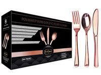 JL Prime 300 Rose Gold Plastic Silverware Set, Rose Gold Plastic Cutlery Set, Heavy Duty Utensils for Party & Wedding, Disposable Rose Gold Flatware, 100 Forks, 100 Spoons, 100 Knives
