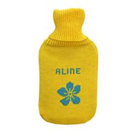 Personalized Hot Water Bottle 100% Merino Wool Knitted Rubber Hotty (Yellow-Aqua Blue with Flower)