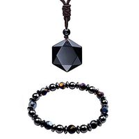 Black Obsidian Hexagram Natural Stone Pendant Necklace and Hematite Bracelet Hematite Metal Magnetic Therapy Bracelets