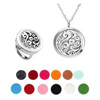 Zysta 2pcs/Set Stainless Steel Chinese Lucky Clouds Swirl Aromatherapy Perfume Essential Oil Fragrance Diffuser Necklace Locket Pendant + Ring with 12 Washable Pads