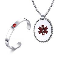 VNOX Free Engraving -8" Stainless Steel Medical Alert ID Open Cuff Bracelet and 24" Pendant Necklace
