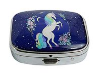 LCTCKP Custom Fashion Square Glass Silver Pill Case Decorative Metal Western Medicine Tablet Container Box (Beautiful Unicorn with Flowers)