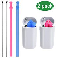 Malier Collapsible Reusable Straws, Portable Soft Silicone Straws for 30 & 20 oz Tumbler, BPA Free with Case & Cleaning Brush (Blue & Rose Red)