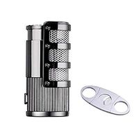 Cigar Cutter and Lighter Set, Cigar Punch Lighter Triple Jet Flame Butane Cigarette Torch Lighter (Silver)
