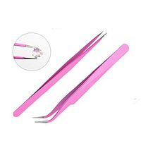 Nail Art Tool,Putars Portable 2Pcs Stainless Steel 45 Degree Curved Tweezers for Nail Tool Pink