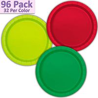 96 Paper Dinner Plates (9") - Red, Neon Green, Emerald Green - 32 Per Color, 3 Colors - Great Assortment for Birthday Parties, Weddings, Holidays, Baby Shower, Celebrations, and more