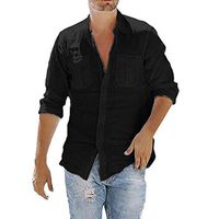 Xia&Han Men's Pocket Long Sleeve Lapel Collar Blouse Tops Slim Fit Tee Button Down Shirts Casual Pullover Black