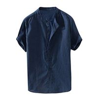 Xia&Han Mens Baggy Cotton Linen Blouse Short Sleeve Button Shirts Solid Tees Tops Slim Fit Pullover Tunic Navy