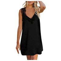 Sunhusing Ladies Hollow-Out Lace Trim Stitching Sleeveless Strapless Sexy V-Neck Solid Color Loose Dress(Black,M)