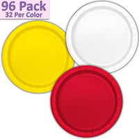 96 Paper Dinner Plates (9") - White, Neon Yellow, Red - 32 Per Color, 3 Colors - Great Assortment for Birthday Parties, Weddings, Holidays, Baby Shower, Celebrations, and more