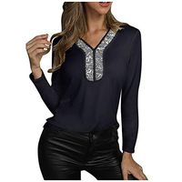 Cenglings Women's Plus Size V Neck Sequins Long Sleeve Patchwork Elastic Loose T-Shirt Party Color Block Blouse Tops Sweatshirt(Black,S)