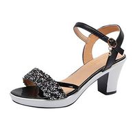 Cenglings Women Open Toe Rhinestone Platform Sandals Slip On Low Chunky Heel Pumps Sandals Hollow Out Ankle Strap Rome Shoes(Black,38)