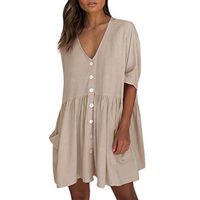 JQjian Women Solid Loose V-Neck Ladies Fashion Casual Half Sleeve Summer Button Pocket Mini Dress (L, Khaki)