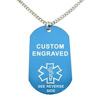 My Identity Doctor - Custom Engraved Medical Alert ID Dog Tag, Blue Aluminum, 27 Inches Chain