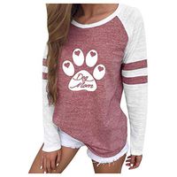 Sunhusing Women's Loose Plus Size Striped Stitching Long Sleeve Dog Mom Letter Print Casual Round Neck Tops(Pink,2XL)