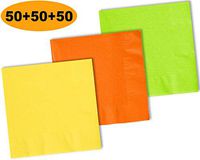 150 Beverage Napkins, Lemon Yellow, Pumpkin Orange, Lime Green - 50 Each Color. 2 Ply Paper Cocktail Napkins. 5" folded, 10" unfolded.