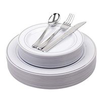 25 Heavyweight Elegant Plastic Disposable Place Settings: 25 Dinner Plates, 25 Salad or Dessert Plates & 25 Polished Silver Plastic Forks Knives & Spoons