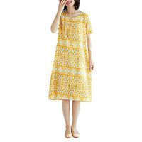 Vintage Casual T Shirt Dress for Women Short Sleeve Cotton Linen Loose Dress Yellow
