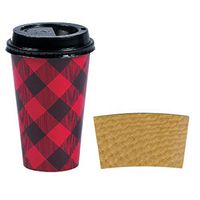 Disposable Hot Coffee Cups - Buffalo Plaid, 24-ct with Lids and Blank Kraft Sleeves