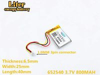 1.0mm 3 Thread 3.7V 800mAh 652540 Lithium Polymer Ion Rechargeable Battery Lithium Polymer Li-Po Battery for MP4 GPS MP3 Bluetooth Stereo DIY Gift