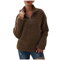 Alangbudu Women Zipper Up V Neck Pullover Fluffy Plush Coat Shirt Long Sleeve Blouse Baggy Tops Casual Outwear Jacket Brown